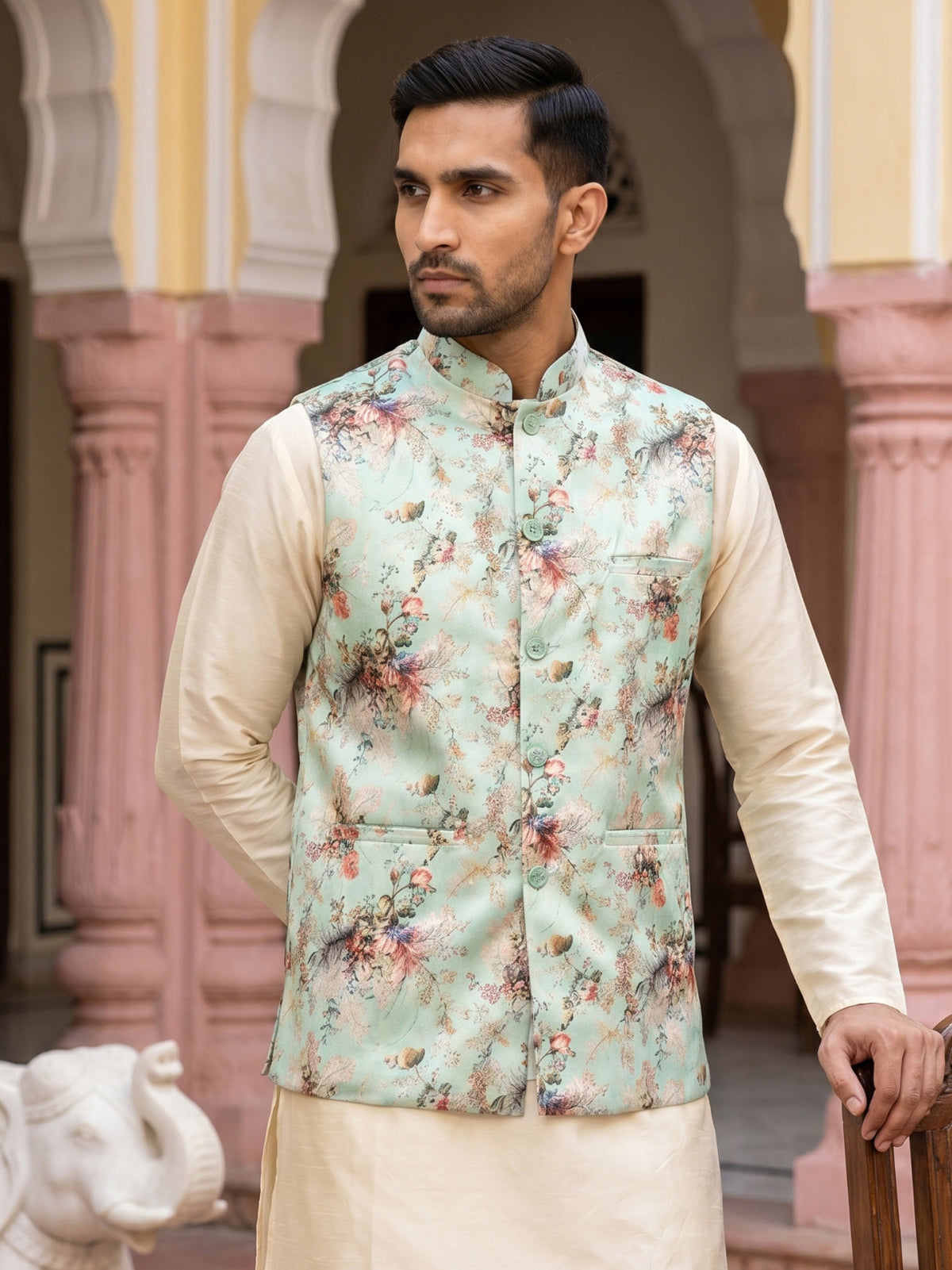 Men's Silk Blend Printed Nehru Jacket