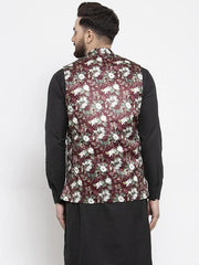 Men Maroon Printed Satin Nehru Jacket ( JOWC 4007 Maroon)-JOWC-4007