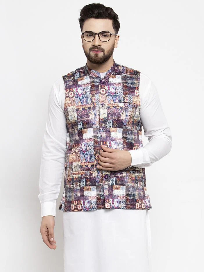 Men Purple Printed Satin Nehru Jacket ( JOWC 4007 Purple)-JOWC-4007