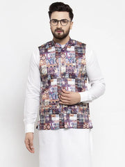 Men Purple Printed Satin Nehru Jacket ( JOWC 4007 Purple)-JOWC-4007
