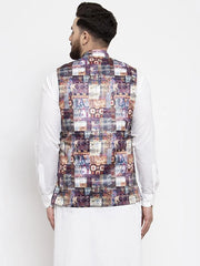 Men Purple Printed Satin Nehru Jacket ( JOWC 4007 Purple)-JOWC-4007