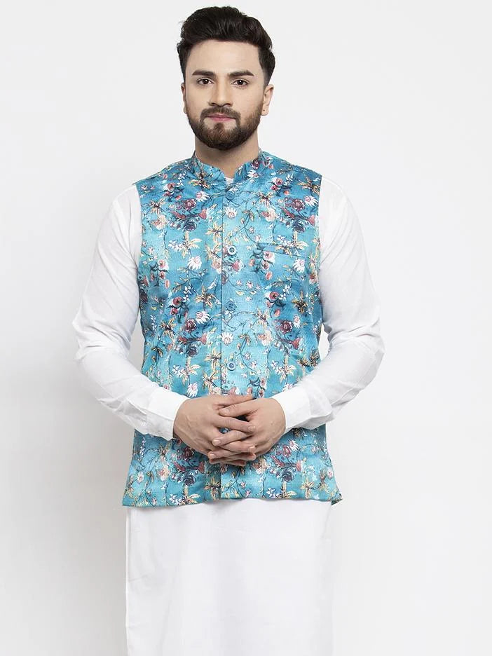 Men Sky-Blue Printed Satin Nehru Jacket ( JOWC 4007 Sky)-JOWC-4007