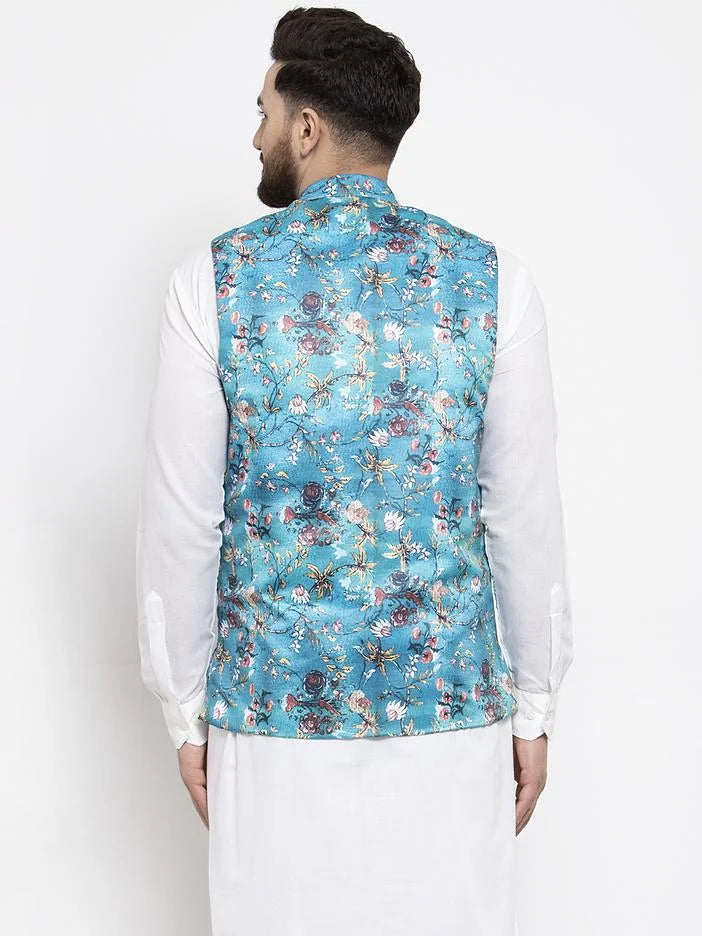 Sky Blue Printed Satin Nehru Jacket | Men's Ethnic Wear