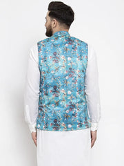 Men Sky-Blue Printed Satin Nehru Jacket ( JOWC 4007 Sky)-JOWC-4007