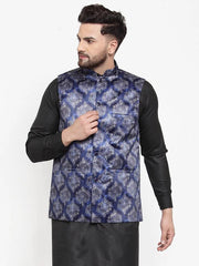 Men Navy-Blue Printed Satin Nehru Jacket ( JOWC 4008 Blue)-JOWC-4008