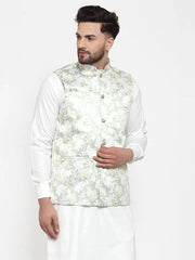 Men Lime-Green Printed Satin Nehru Jacket ( JOWC 4008 Lime)-JOWC-4008