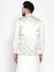Men Lime-Green Printed Satin Nehru Jacket ( JOWC 4008 Lime)-JOWC-4008