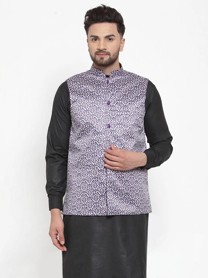Men Purple Printed Satin Nehru Jacket ( JOWC 4008 Purple)-JOWC-4008