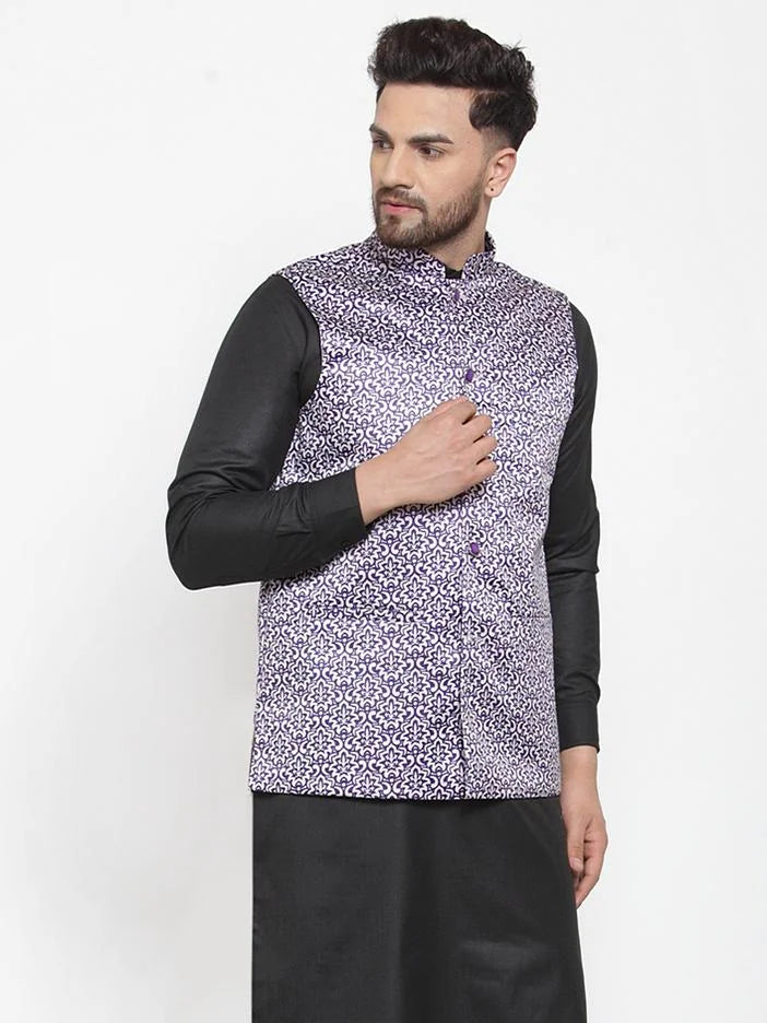 Purple Printed Nehru Jacket - Men's Ethnic Wear | Modi Jacket