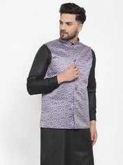 Men Purple Printed Satin Nehru Jacket ( JOWC 4008 Purple)-JOWC-4008