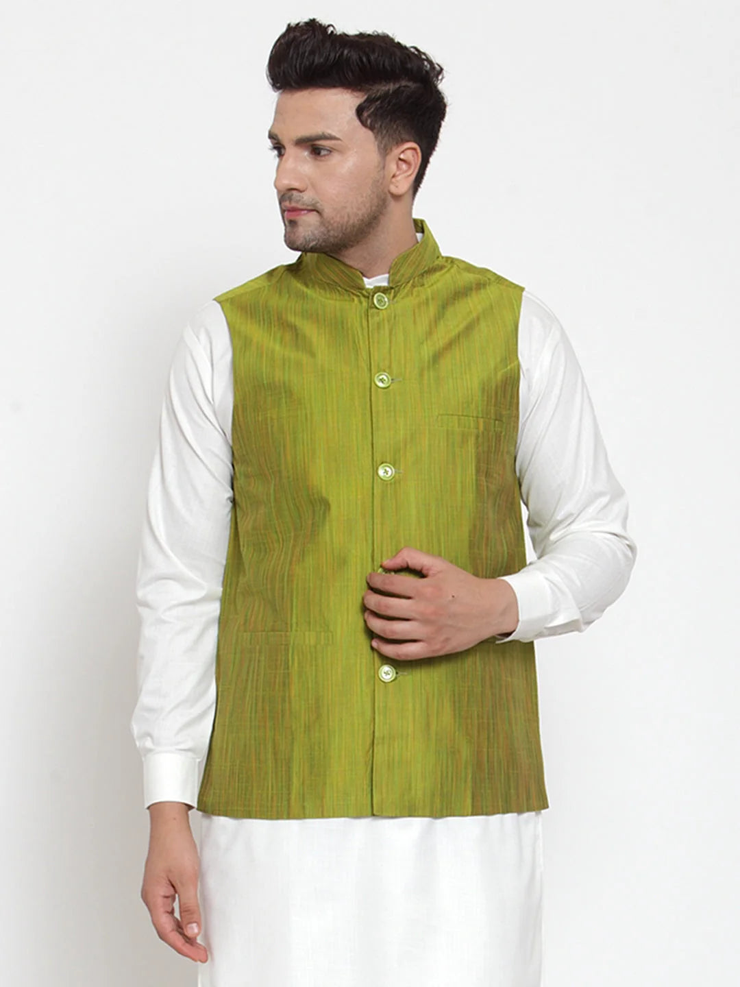 Green Woven Nehru Jacket - Cotton Men's Ethnic Nehru Jackets