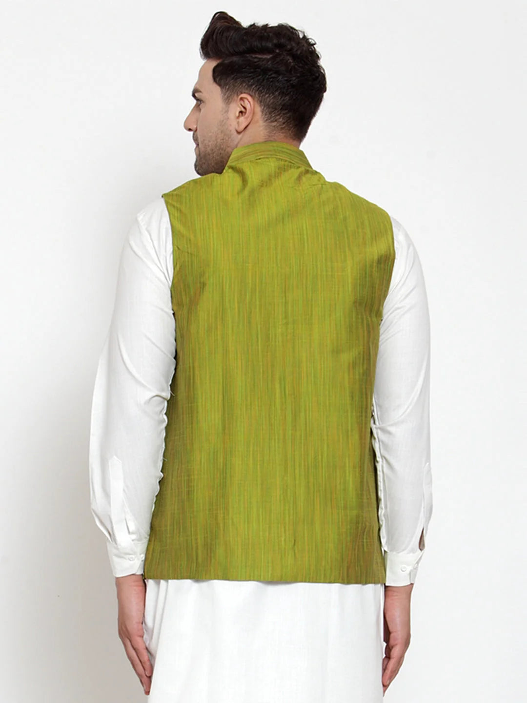 Green Woven Nehru Jacket - Cotton Men's Ethnic Nehru Jackets