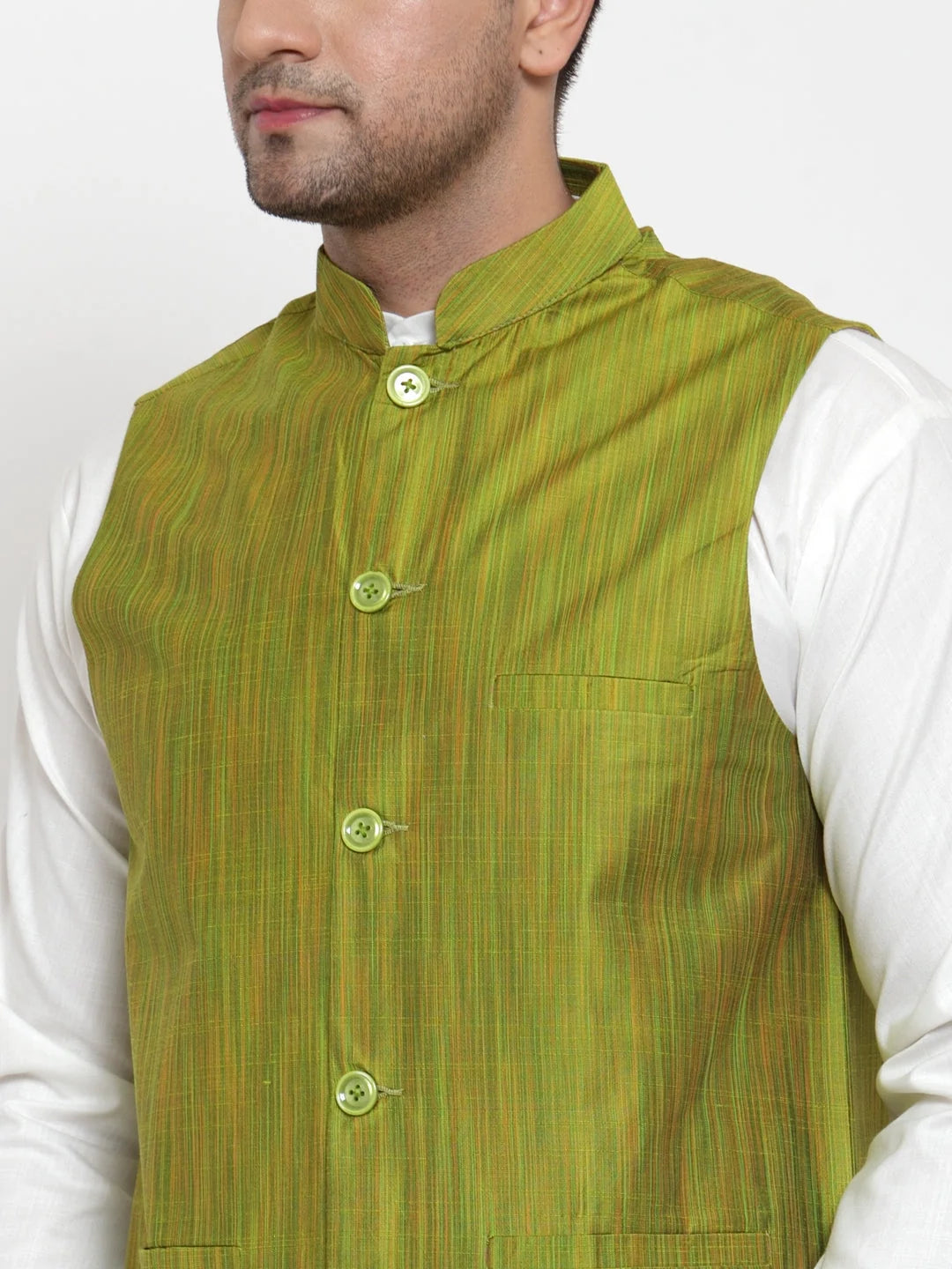 Green Woven Nehru Jacket - Cotton Men's Ethnic Nehru Jackets