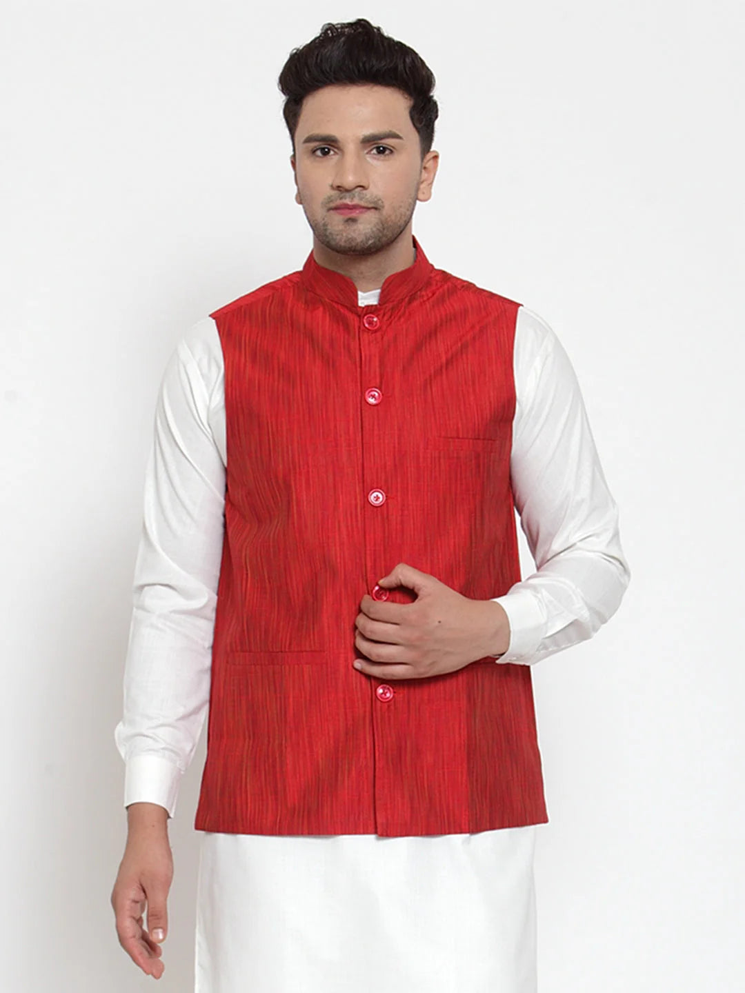 Red Woven Design Nehru Jacket - Men's Indian Fashion