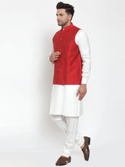 Men's Red Woven Design Nehru Jacket