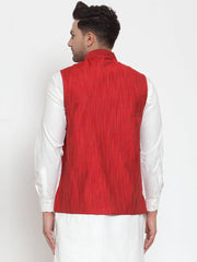 Men's Red Woven Design Nehru Jacket