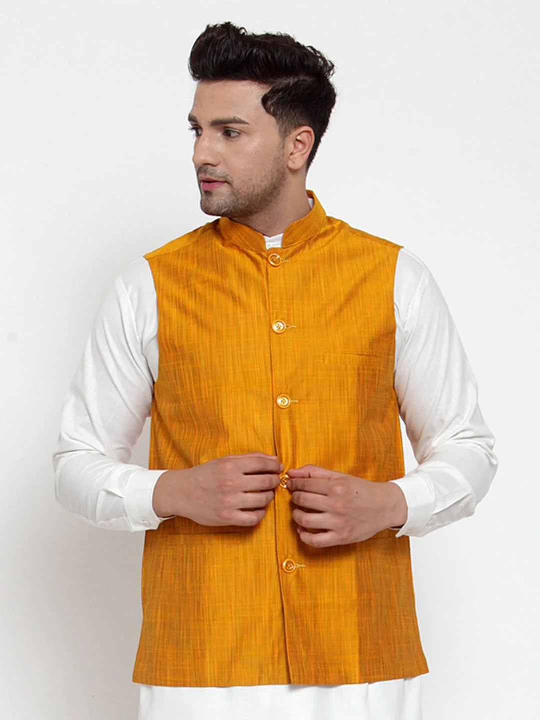 Yellow Woven Nehru Jacket - Cotton Modi Jacket for Men