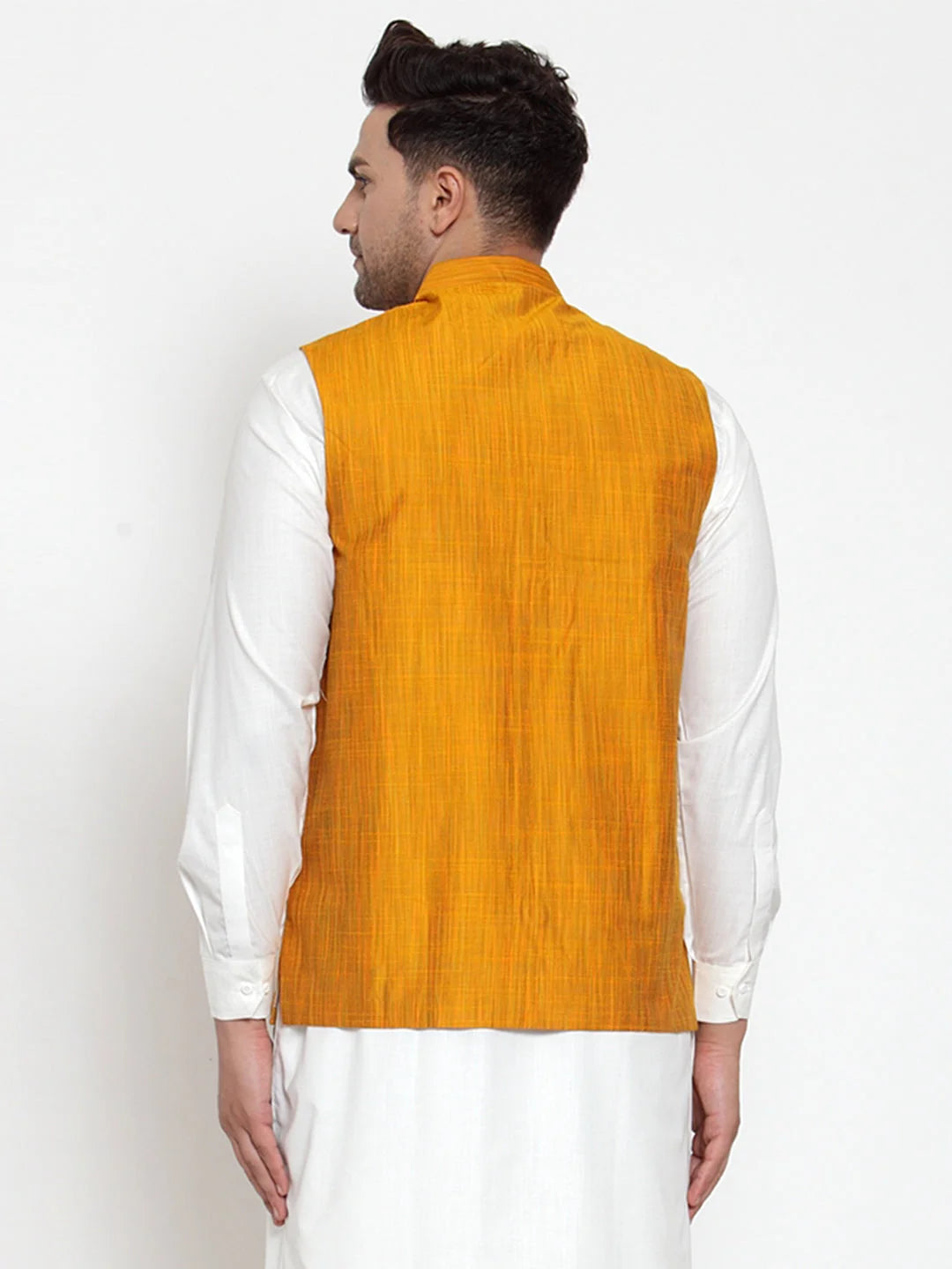 Yellow Woven Nehru Jacket - Cotton Modi Jacket for Men