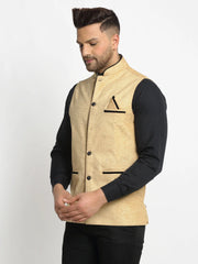 Men's Beige Solid Nehru Jacket with Square Pocket