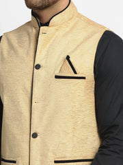 Men's Beige Solid Nehru Jacket with Square Pocket