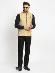 Men's Beige Solid Nehru Jacket with Square Pocket