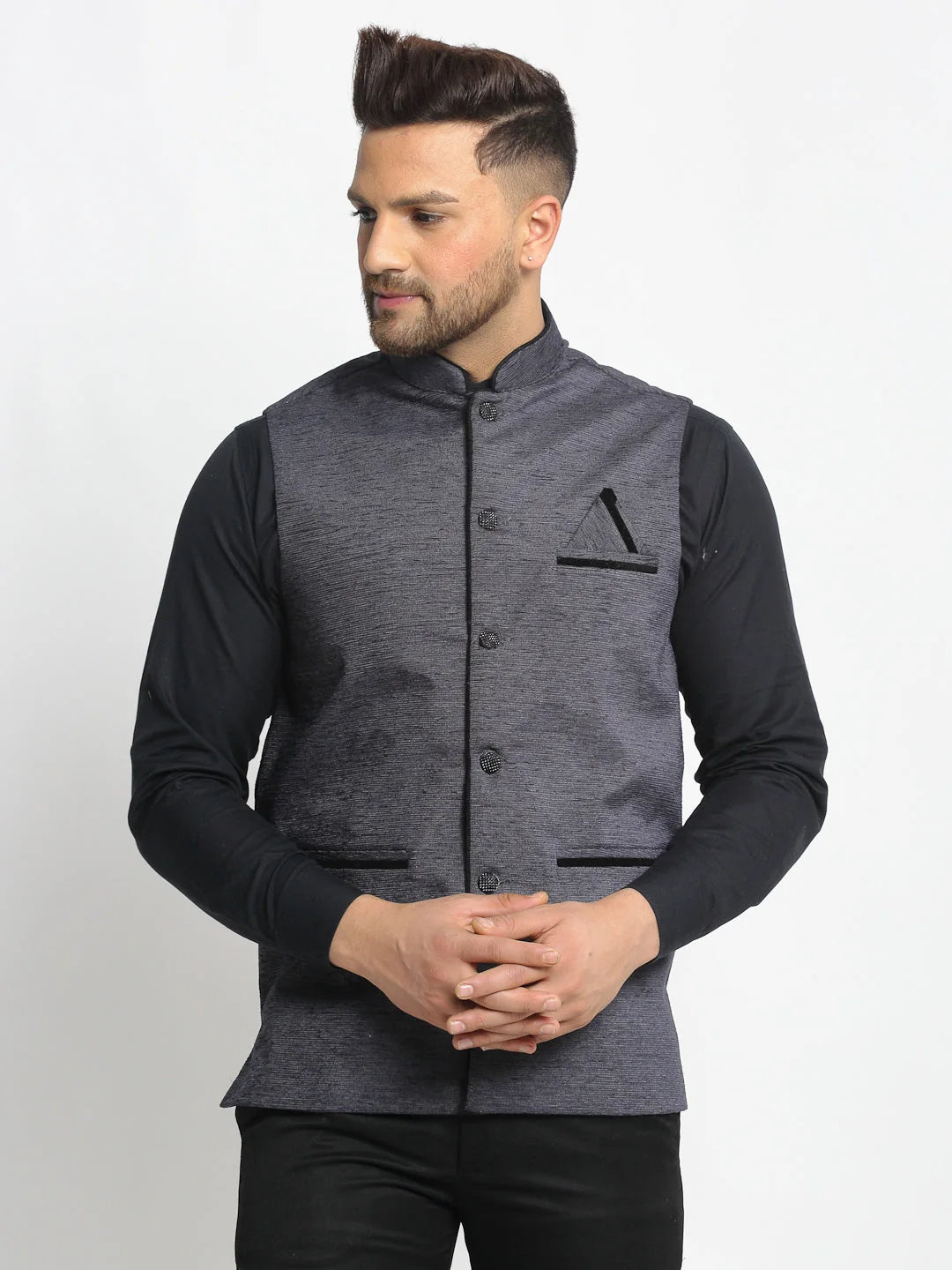 Grey Cotton Nehru Jacket for Men - Modi Jacket, Nehru Collar