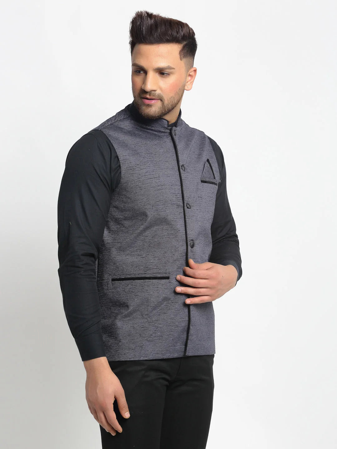 Grey Cotton Nehru Jacket for Men - Modi Jacket, Nehru Collar