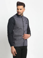 Men's Grey Solid Nehru Jacket with Square Pocket