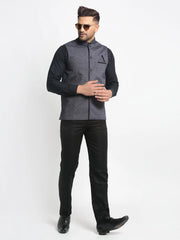 Men's Grey Solid Nehru Jacket with Square Pocket