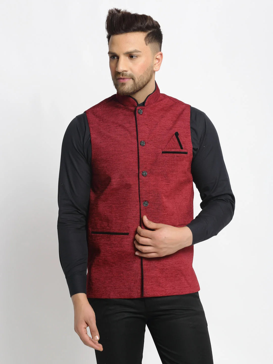 Men's Maroon Solid Nehru Jacket with Square Pocket