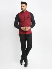 Men's Maroon Solid Nehru Jacket with Square Pocket