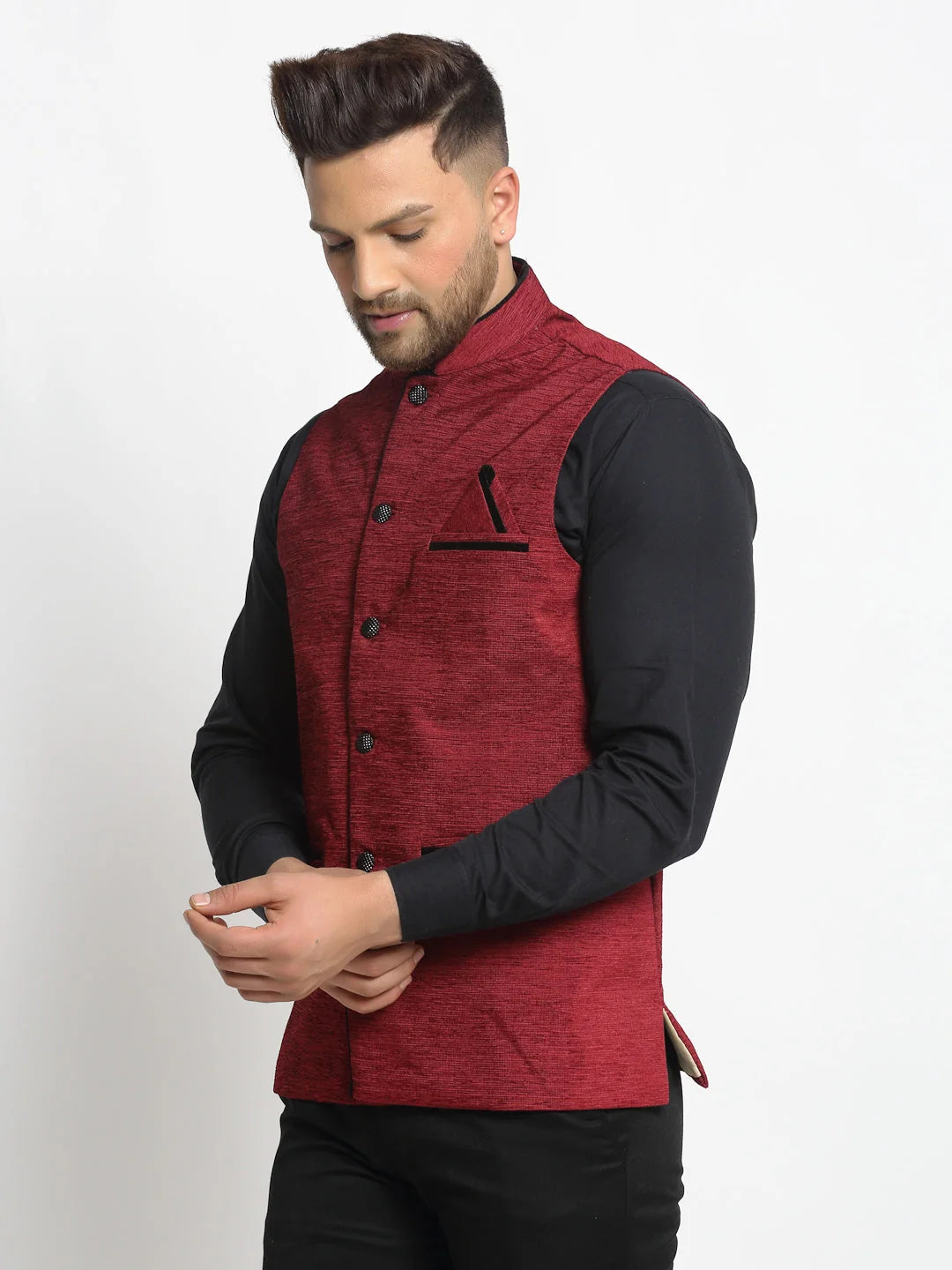 Maroon Nehru Jacket for Men - Indian Ethnic Wear, Cotton Blend