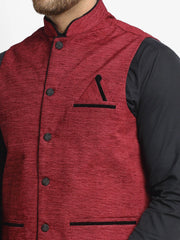 Men's Maroon Solid Nehru Jacket with Square Pocket
