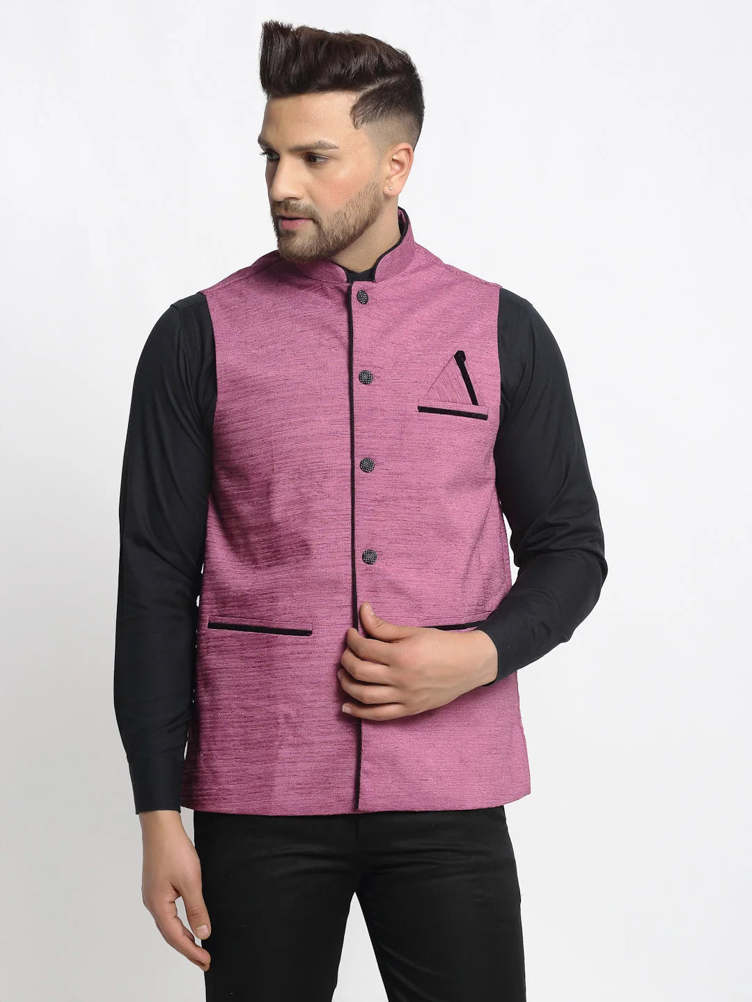 Men's Purple Solid Nehru Jacket with Square Pocket