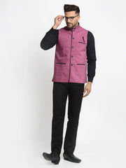 Men's Purple Solid Nehru Jacket with Square Pocket
