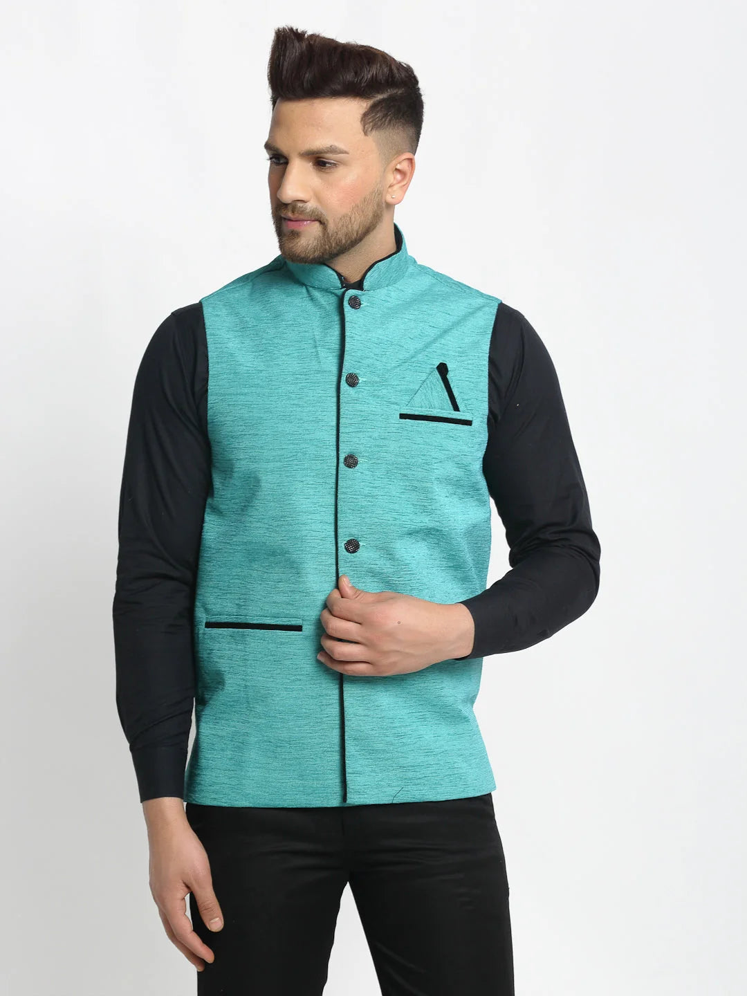 Men's Blue Solid Nehru Jacket with Square Pocket - Cotton