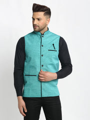 Men's Blue Solid Nehru Jacket with Square Pocket