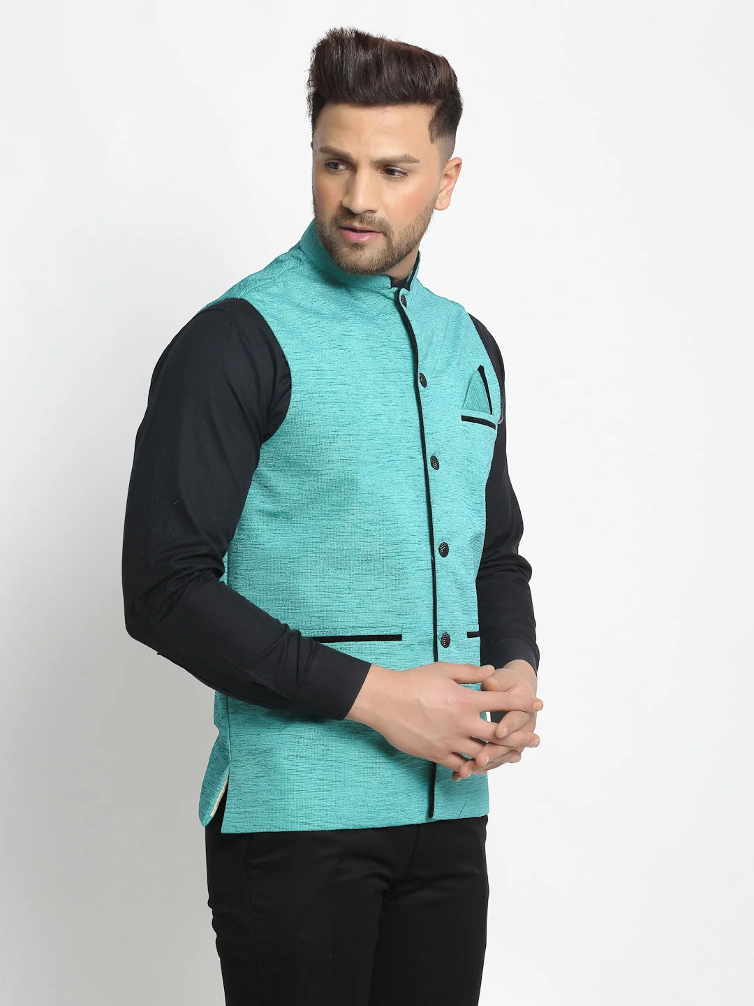 Men's Blue Solid Nehru Jacket with Square Pocket - Cotton