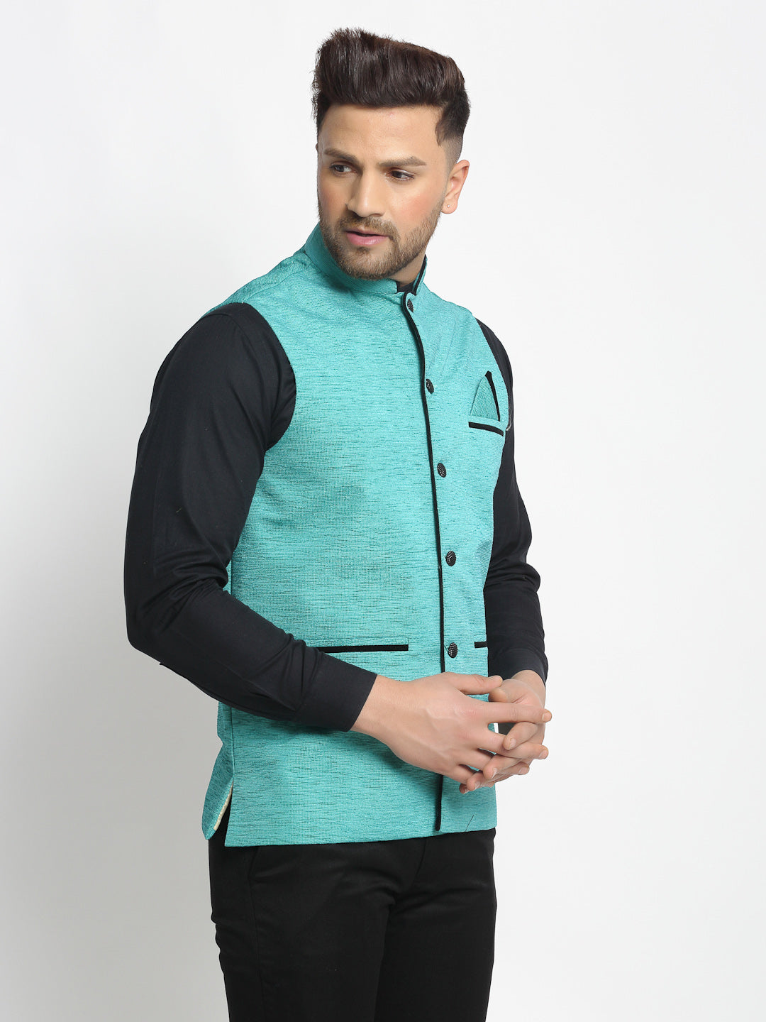 Men's Blue Solid Nehru Jacket with Square Pocket - Cotton