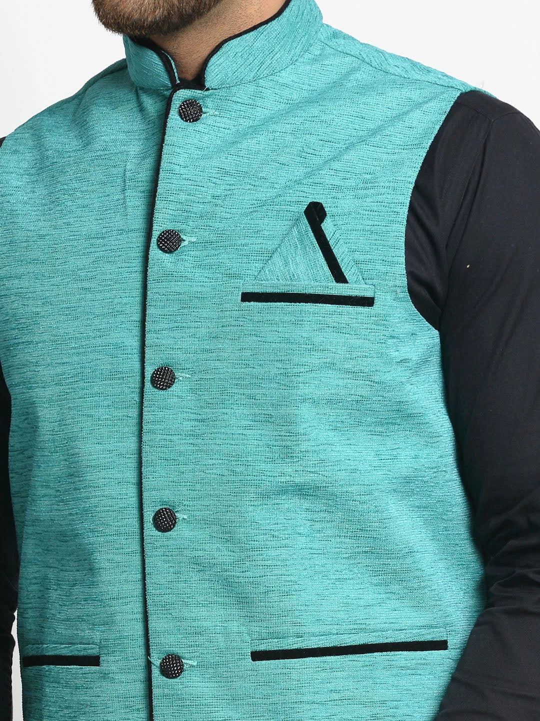 Men's Blue Solid Nehru Jacket with Square Pocket - Cotton