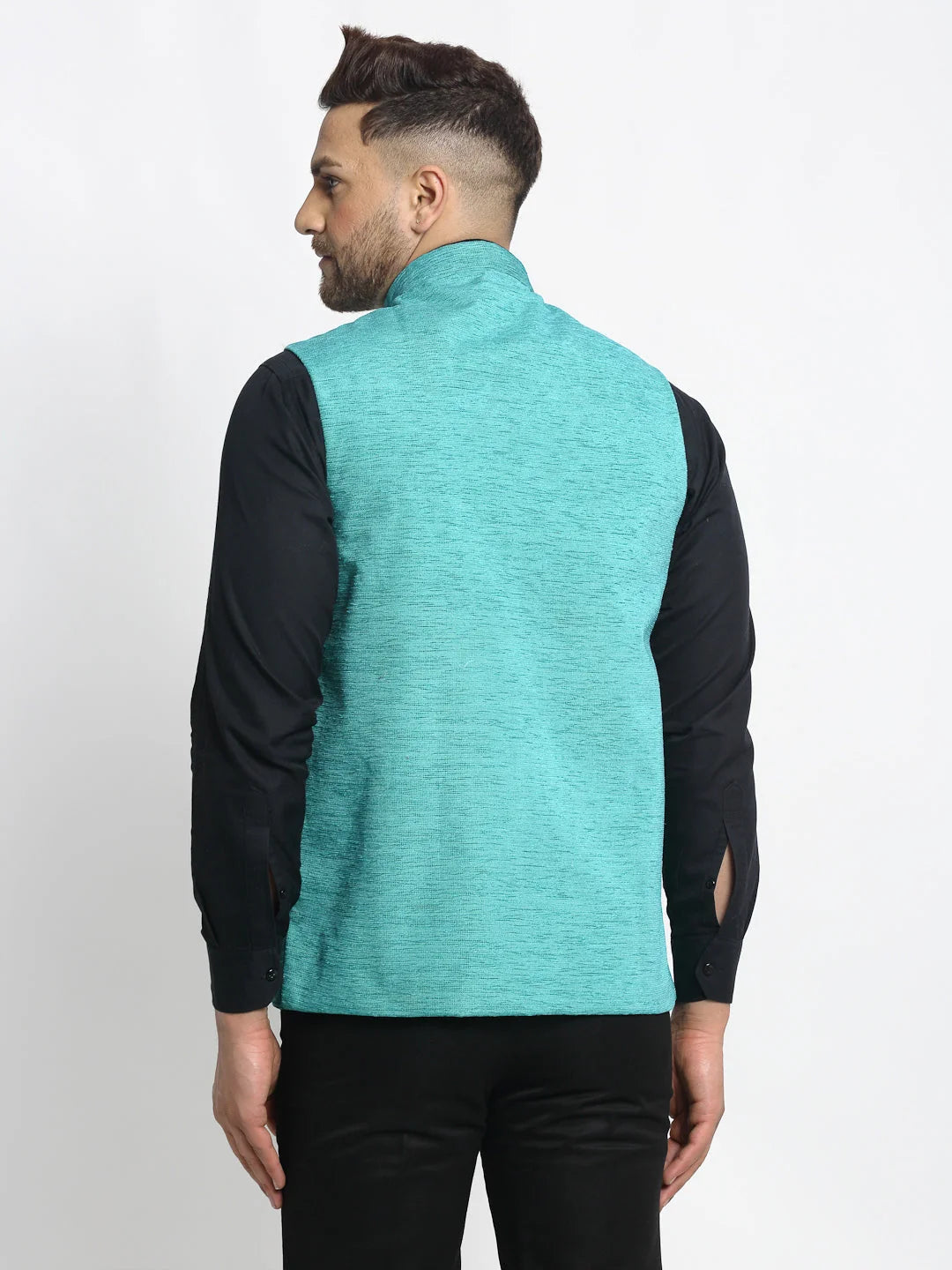 Men's Blue Solid Nehru Jacket with Square Pocket - Cotton