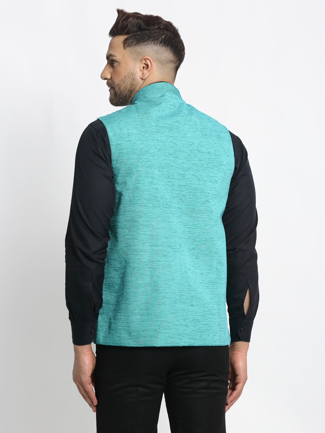 Men's Blue Solid Nehru Jacket with Square Pocket - Cotton