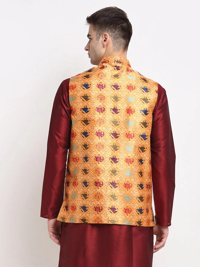 Men's Orange Nehru Jacket - Digital Printed Waistcoat