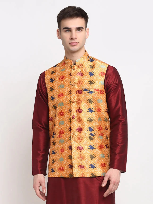 Men's Orange Nehru Jacket - Digital Printed Waistcoat
