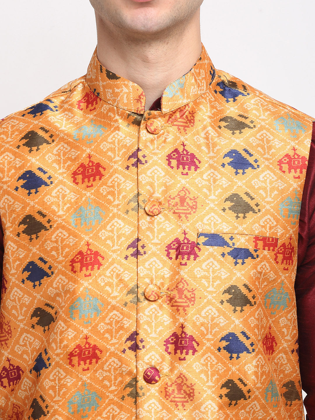 Men's Orange Nehru Jacket - Digital Printed Waistcoat