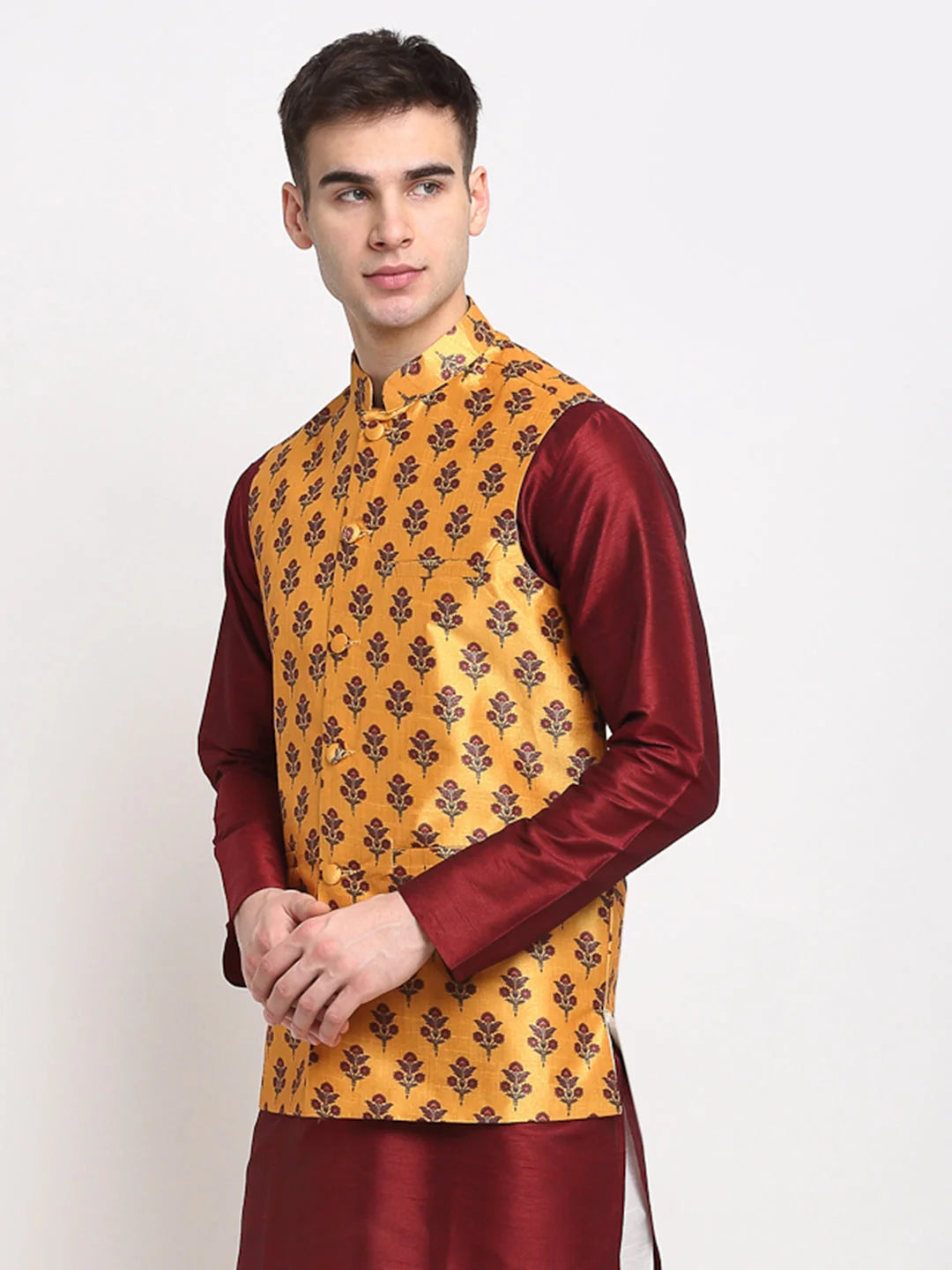 Yellow Printed Nehru Jacket - Indian Nehru Jackets for Weddings