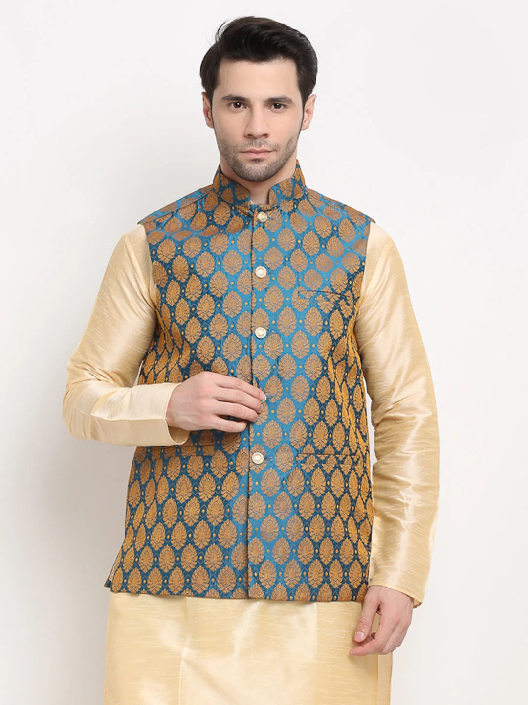 Men's Blue Waistcoat - Cotton Blend Nehru Jacket with Kurta