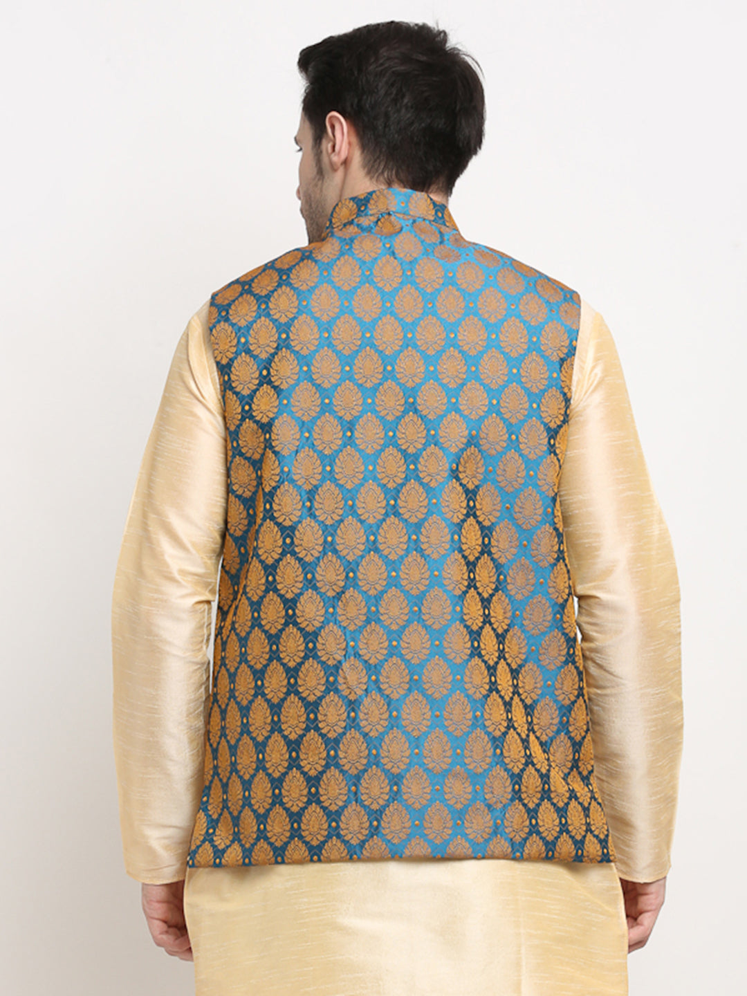 Men's Blue Waistcoat - Cotton Blend Nehru Jacket with Kurta