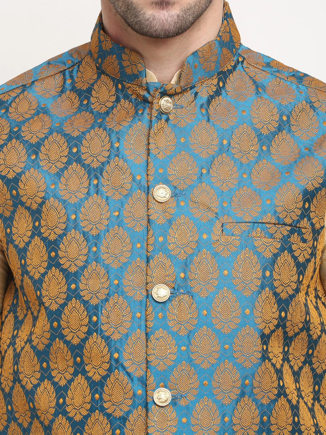 Men's Blue Waistcoat - Cotton Blend Nehru Jacket with Kurta