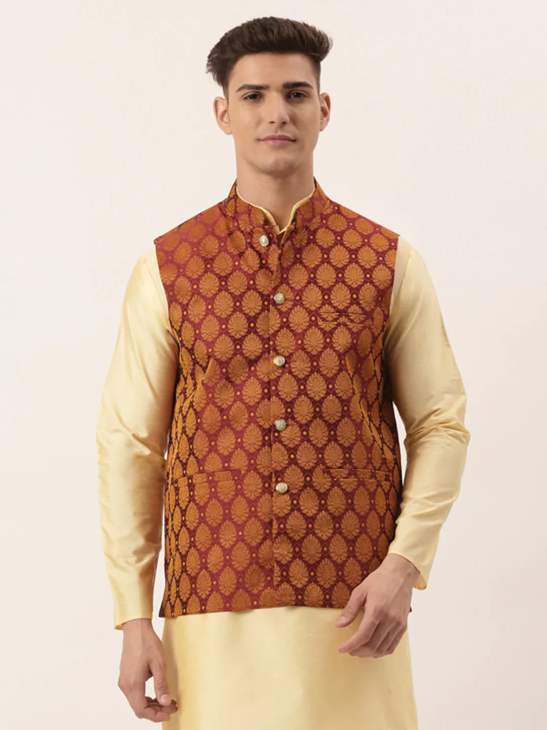 DesiQlo Men Waistcoat Nehru Jacket - Maroon - JOWC_4026Maroon_S